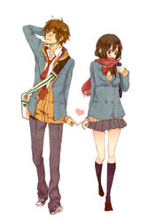  1boy blush brown_hair commentary_request contemporary couple embarrassed female hakase123 hakuouki_shinsengumi_kitan heart highres kneehighs photoshop_(medium) scarf school_uniform shy simple_background socks straight toudou_heisuke_(hakuouki) walking yukimura_chizuru 