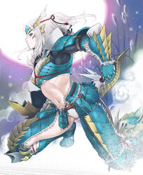  armor commentary_request female fujiwara_hisashi midriff monster_hunter_(character) monster_hunter_(series) monster_hunter_portable_3rd navel pale_skin photoshop_(medium) ponytail solo white_hair zinogre_(armor) 