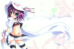  :p choker commentary_request female green_eyes hat merry_nightmare midriff navel panties photoshop_(medium) pointy_ears purple_hair ribbon short_hair solo striped_clothes striped_panties striped_thighhighs tachibana_surimu thighhighs tongue tongue_out underwear yumekui_merry 