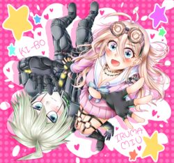  1boy ahoge android barbed_wire blonde_hair blue_eyes blush boots breasts choker cleavage danganronpa duo female fingerless_gloves garter gloves goggles goggles_on_head happy iruma_miu keebo long_hair mecha new_danganronpa_v3 open_mouth pink_shirt power_frame rabina robot school_uniform serafuku shirt short_hair silver_hair skirt socks uniform 