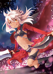  :q blush chloe_von_einzbern commentary_request dark-skinned_female dark_skin dual_wielding fate/kaleid_liner_prisma_illya fate_(series) female holding kanshou_&amp;_bakuya_(fate) long_hair midriff navel on_one_knee orange_eyes smile solo sword tongue tongue_out tougo weapon white_hair 