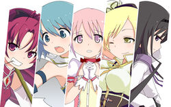  5girls akemi_homura akemi_homura_(magical_girl) black_hair blonde_hair blue_eyes blue_hair cape choker column_lineup commentary_request compilation food hairband highres kaname_madoka kaname_madoka_(magical_girl) kurabayashi_aya long_hair magical_girl mahou_shoujo_madoka_magica mahou_shoujo_madoka_magica_(anime) miki_sayaka miki_sayaka_(magical_girl) multiple_girls one_eye_closed pink_eyes pink_hair pocky puffy_sleeves purple_eyes red_choker red_eyes red_hair sakura_kyoko sakura_kyoko_(magical_girl) short_twintails tomoe_mami tomoe_mami_(magical_girl) twintails white_cape yellow_eyes 