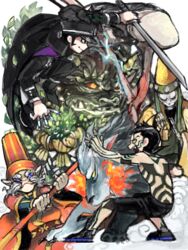  2boys black_cat devil_summoner feline fire hat head_perch hitoshura kuzunoha_raidou multiple_boys open_mouth peaked_cap shin_megami_tensei shin_megami_tensei_iii:_nocturne tattoo tetu tiger topless yellow_eyes 