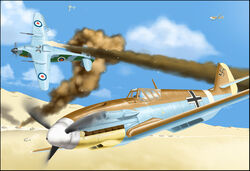  afrika_korps aircraft airplane balkenkreuz bf_109 cloud commentary_request cross damaged day desert fire hawker_hurricane military no_humans original shoki_(tel) sky smoke swastika vehicle_focus world_war_ii 