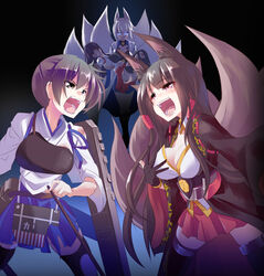  4girls akagi_(azur_lane) akagi_(kancolle) animal_ears apron ass azur_lane black_background black_hair black_thighhighs blood blue_eyes blue_skirt bow_(weapon) breasts brown_eyes carrying cleavage closed_eyes commentary crossover flight_deck fox_ears fox_tail highres historical_name_connection holding holding_bow_(weapon) holding_weapon kaga_(azur_lane) kaga_(kancolle) kantai_collection kazekawa_nagi large_breasts long_hair multiple_girls multiple_tails muneate name_connection open_mouth red_skirt short_hair side_ponytail skirt straight_hair tail tasuki thighhighs torn_clothes torn_skirt torn_thighhighs weapon white_hair 