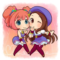  2girls beret brown_eyes brown_hair chibi commentary_request green_eyes hat highres idolmaster idolmaster_(classic) idolmaster_2 long_hair maiko_(yoshida308) minase_iori multiple_girls one_eye_closed palace_of_dragon_(idolmaster) red_hair ryuuguu_komachi_(idolmaster) takatsuki_yayoi thighhighs 