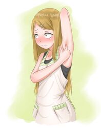  arm_up armpit_poke armpits arms_behind_head bare_shoulders blush breasts commentary_request dagashi_kashi disco_brando endou_saya female hair_ornament hairclip highres long_hair poking poking_self self-upload small_breasts solo 