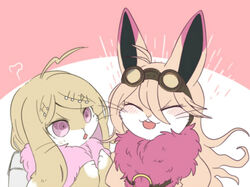  2girls aberu514 ahoge akamatsu_kaede animal animalization backpack bag blush bunny danganronpa duo fur goggles goggles_on_head hair_ornament hairclip iruma_miu multiple_girls musical_note musical_note_hair_ornament new_danganronpa_v3 purple_eyes smile 