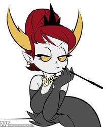  2017 arm_spikes audrey_hepburn breakfast_at_tiffany&#039;s breasts cigarette_holder cleavage clothed clothing crown dankodeadzone demon demon_humanoid digital_drawing_(artwork) digital_media_(artwork) disney ear_piercing elbow_spikes eyelashes fancy_dress fangs female hair half-closed_eyes headgear hekapoo hi_res horn horned_humanoid humanoid humanoid_pointy_ears jewelry narrowed_eyes necklace not_furry orange_eyes pale_skin piercing red_hair short_stack simple_background solo spikes spikes_(anatomy) star_vs._the_forces_of_evil suspicious teeth text tiara unimpressed url white_background white_body white_skin yellow_sclera 