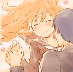  1boy aisaka_taiga arm_grab blue_hair blush cherry_blossoms closed_eyes commentary_request couple female heart long_hair orange_hair school_uniform serafuku shirotaka_(shirotaka) short_hair straight takasu_ryuuji toradora! 