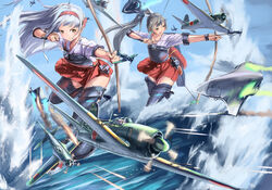  3girls aerial_battle aircraft airplane alternate_hairstyle arrow_(projectile) battle black_thighhighs bow_(weapon) brown_eyes brown_hair commentary_request day dogfight doraxi drawing_bow enemy_aircraft_(kancolle) explosion fairy_(kancolle) fire firing gloves hairband highres holding holding_bow_(weapon) holding_weapon japanese_clothes kantai_collection long_hair multiple_girls muneate n1k ocean open_mouth partially_fingerless_gloves photoshop_(medium) ponytail purple_hair shoukaku_(kancolle) signature sky smile thighhighs vehicle_focus water weapon white_hair yugake zettai_ryouiki zuikaku_(kancolle) 