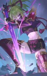  absurdres armor black_shorts crop_top cropped_jacket debris electricity female fishnet_top fishnets genshin_impact gloves gold_trim green_hair hair_ornament hands_on_hilt highres holding holding_sword holding_weapon jacket jyuma kuki_shinobu leg_armor looking_at_viewer mask mouth_mask ninja ninja_mask on_one_knee partially_fingerless_gloves planted planted_sword ponytail purple_eyes purple_jacket purple_nails purple_thighhighs rock rope shimenawa short_ponytail short_shorts shorts shoulder_armor solo sword thigh_armor thighhighs thighs v-shaped_eyebrows vision_(genshin_impact) weapon 