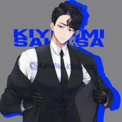  1boy black_eyes black_gloves black_hair blazer character_name formal gloves grey_background haikyuu!! jacket kakan_king korean_commentary looking_at_viewer male_focus necktie off_shoulder open_clothes sakusa_kiyoomi shirt short_hair simple_background solo standing suit twitter_username vest white_shirt 