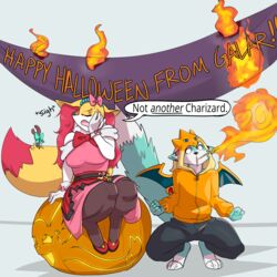  1:1 2019 6my anthro banner blue_body blue_fur bottomwear braixen braixrena breasts breath_powers canid canine charizard clothing cosplay countershading crouching dialogue digital_media_(artwork) dipstick_tail dress duo elemental_manipulation english_text facepalm fan_character female fire fire_breathing fire_manipulation food footwear fox fruit fur generation_1_pokemon generation_6_pokemon gloves halloween handwear headgear headwear hi_res high_heels holidays hoodie inner_ear_fluff legwear male mammal markings multicolored_tail nintendo open_mouth pants plant pokemon pokemon_(species) pokemon_trainer pumpkin ribbons roflfox seraphine_(roflfox) serena_(pokemon) shoes sitting speech_bubble stick stockings tail tail_markings text topwear tuft white_body white_fur yellow_body yellow_fur 