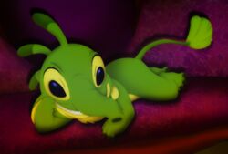  2019 3_toes 4_fingers alien amegared antennae_(anatomy) black_eyes claws digital_media_(artwork) dipstick_antennae disney experiment_(lilo_and_stitch) feet felix_(lilo_and_stitch) fingers fur furniture green_body green_claws green_fur grin lilo_and_stitch looking_at_viewer multicolored_antennae pose seductive smile sofa solo toe_claws toes trunk 