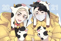  2021 2boys :d animal_costume animal_ears animal_hat animal_print bell black_eyes black_hair blonde_hair blue_background cow_costume cow_ears cow_horns cow_print fake_animal_ears fake_horns haikyuu!! hand_puppet hat hood hoodie horns jacket kakan_king korean_commentary looking_at_viewer male_focus mask miya_atsumu mouth_mask multiple_boys neck_bell open_clothes open_jacket open_mouth puppet sakusa_kiyoomi short_hair simple_background smile surgical_mask twitter_username upper_body yellow_eyes 