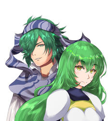  1boy armor blue_scarf breastplate commentary_request erinys_(fire_emblem) female fire_emblem fire_emblem:_genealogy_of_the_holy_war green_eyes green_hair grin hair_between_eyes hair_over_one_eye head_scarf lewyn_(fire_emblem) long_hair looking_at_viewer partial_commentary pauldrons reki_(reki13c) scarf shirt short_hair shoulder_armor simple_background smile striped_clothes striped_scarf upper_body very_long_hair white_background white_shirt 