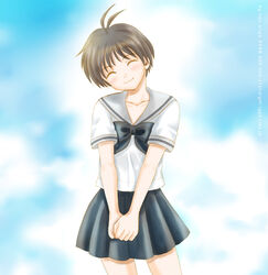  antenna_hair ariga_nao blush bow brown_hair closed_eyes cloud commentary_request day female head_tilt idolmaster idolmaster_(classic) idolmaster_1 kikuchi_makoto school_uniform serafuku short_hair sky smile solo summer_days_school_(idolmaster) 