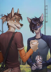  2019 5_fingers anthro black_hair blocky_snout blue_body blue_fur brown_hair brown_nose canid canine canis clothed clothing collaboration coyote day detailed_background digital_media_(artwork) domestic_dog duo eyebrows eyelashes fingers fox fur hair hi_res male mammal merlin_(orphen-sirius) open_mouth orange_eyes orphen-sirius outside red_eyes sky smile snout standing teeth tongue wildering 