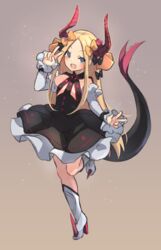  :d abigail_williams_(fate) black_bow black_dress blonde_hair blue_eyes blush boots bow commentary cosplay curled_horns detached_sleeves dragon_girl dragon_horns dragon_tail dress elizabeth_bathory_(fate) elizabeth_bathory_(fate/extra_ccc) elizabeth_bathory_(fate/extra_ccc)_(cosplay) elizabeth_bathory_(first_ascension)_(fate) elizabeth_bathory_(first_ascension)_(fate)_(cosplay) fate/extra fate/extra_ccc fate/grand_order fate_(series) female forehead full_body hairbow hand_up high_heel_boots high_heels highres horns knee_boots long_hair long_sleeves looking_at_viewer miya_(miyaruta) oerba_yun_fang open_mouth orange_bow parted_bangs polka_dot polka_dot_bow sleeves_past_wrists smile solo spiked_boots spiked_footwear spikes standing standing_on_one_leg tail tail_raised v v-shaped_eyebrows very_long_hair white_footwear white_sleeves 