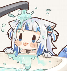  :3 :p animal_ears blue_eyes blue_hair blunt_bangs blush cat_ears cat_under_faucet_(meme) chibi commentary faucet female gawr_gura gawr_gura_(1st_costume) grey_hair hair_ornament hairclip hololive hololive_english kemonomimi_mode meme multicolored_hair parody same_anko sink solo streaked_hair tongue tongue_out two-tone_hair two_side_up v-shaped_eyebrows virtual_youtuber water water_drop you&#039;re_doing_it_wrong 