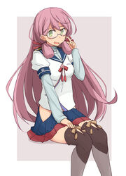  akashi_(kancolle) blunt_tresses blush breasts cosplay female glasses green_eyes hair_between_eyes hair_ribbon hand_on_lap hip_bones hip_vent kantai_collection kugui_kiyunemu long_hair long_sleeves looking_at_viewer military military_uniform naval_uniform ooyodo_(kancolle) ooyodo_(kancolle)_(cosplay) open_mouth pink_hair pleated_skirt ribbon school_uniform semi-rimless_eyewear serafuku simple_background sitting skirt solo thighhighs tress_ribbon under-rim_eyewear uniform 