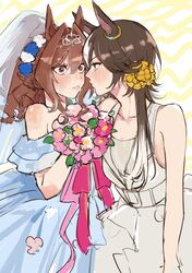  2girls @_@ animal_ears banira_(oocooocooocoo) bare_shoulders blue_dress blue_flower blush bouquet brown_eyes brown_hair commentary_request daiwa_scarlet_(something_blue)_(umamusume) daiwa_scarlet_(umamusume) dress eye_contact flower hair_between_eyes hair_flower hair_intakes hair_ornament hair_over_one_eye highres holding holding_bouquet horse_ears horse_girl long_hair looking_at_another multicolored_hair multiple_girls off-shoulder_dress off_shoulder official_alternate_costume pink_flower red_eyes see-through sleeveless sleeveless_dress sweat tiara two-tone_hair umamusume veil vodka_(heart_ignition!!)_(umamusume) vodka_(umamusume) white_dress white_flower white_hair wife_and_wife yellow_flower yuri 