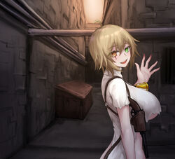  ahoge alley bell blonde_hair blood blush breasts brown_eyes building cafe_no_zombi-ko cafe_no_zombi-ko_(3rd_costume) chinese_commentary commentary_request dumpster female green_eyes gun hair_between_eyes heterochromia highres holstered large_breasts long_sleeves looking_at_viewer looking_to_the_side open_mouth project_upd8 shirt short_hair smile solo torn_clothes underboob upper_body virtual_youtuber weapon white_shirt yeklsa 