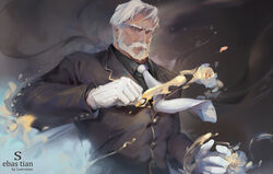  1boy artist_name beard black_suit character_name clenched_hand facial_hair formal gentleman gloves luerstine male_focus mature_male necktie old old_man overlord_(maruyama) sebas_tian solo suit upper_body white_gloves white_hair 