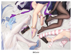  4girls animal_slippers artist_name azur_lane bare_legs barefoot bigxixi border chen_hai_(azur_lane) chen_hai_(vestibule_of_wonders)_(azur_lane) elbow_gloves feet foot_focus gloves head_out_of_frame high_heels highres kneepits laffey_(azur_lane) laffey_(sleep_to_clean_another_day)_(azur_lane) legs lower_body lying multiple_girls musashi_(azur_lane) nail_polish new_jersey_(azur_lane) new_jersey_(snow-white_ceremony)_(azur_lane) no_shoes on_side pantyhose paw_print sandals see-through shoes single_shoe single_thighhigh slippers soles striped_clothes striped_thighhighs thighhighs toenail_polish toenails toes unworn_sandals unworn_slippers unworn_thighhighs white_border white_pantyhose 