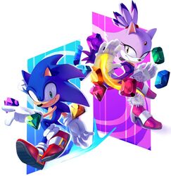  1boy animal_ears blaze_the_cat cat_ears chaos_emerald chaosc0ntr0l english_commentary female forehead_jewel furry furry_female furry_male gem gloves green_eyes high_heels open_hands pink_footwear pointing purple_eyes red_footwear smile sol_emerald sonic_(series) sonic_rush sonic_the_hedgehog tail white_gloves 