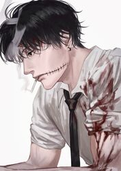  1boy black_hair black_necktie blood blood_on_arm blood_on_clothes blood_on_face chainsaw_man cigarette collared_shirt ear_piercing highres kishibe_(chainsaw_man) kishibe_(young)_(chainsaw_man) looking_to_the_side male_focus ndsoda necktie piercing shirt short_hair simple_background sleeves_rolled_up smoke smoking solo stitched_face stitches white_shirt 