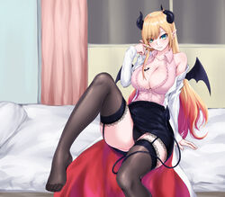  bed black_horns black_panties black_skirt black_thighhighs black_wings blonde_hair blush breast_tattoo breasts center_frills chinese_commentary cleavage closed_mouth coat collarbone collared_shirt commentary_request demon_girl demon_horns demon_tail demon_wings feet female foot_out_of_frame frilled_shirt frills garter_straps gradient_hair green_eyes heart heart_tattoo highres hololive horn_ornament horn_ring horns indoors lab_coat lace-trimmed_legwear lace-trimmed_skirt lace_trim large_breasts long_hair looking_at_viewer multicolored_hair no_shoes off_shoulder on_bed panties partial_commentary pink_hair pink_shirt pointy_ears shiny_skin shirt single_sidelock sitting skirt sleeveless sleeveless_shirt smile solo swept_bangs tail tattoo thighhighs underwear virtual_youtuber white_coat window winged_heart_tattoo wings yeklsa yuzuki_choco yuzuki_choco_(1st_costume) 