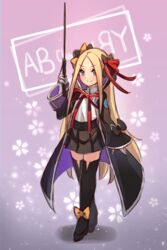  abigail_williams_(fate) bb_(fate) bb_(fate/extra) bb_(fate/extra)_(cosplay) black_bow black_coat black_footwear black_jacket black_skirt black_thighhighs blonde_hair blue_eyes blush boots bow breasts character_name closed_mouth coat commentary cosplay fate/extra fate/extra_ccc fate/grand_order fate_(series) female floral_background forehead full_body gloves hair_ribbon hairbow hand_up holding jacket leotard long_hair long_sleeves looking_at_viewer miya_(miyaruta) multiple_hair_bows neck_ribbon open_clothes open_coat open_jacket orange_bow parted_bangs pink_background pleated_skirt red_ribbon ribbon shirt skirt sleeves_past_wrists small_breasts smile solo sparkle thigh_boots thighhighs v-shaped_eyebrows very_long_hair white_gloves white_leotard white_shirt wide_sleeves 