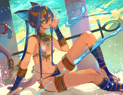  ahoge amulet animal_ears bastet_(mythology) bikini blue_eyes blue_hair blue_nails breasts bridal_gauntlets cat_ears cat_tail cleavage cloud column commentary dark-skinned_female dark_skin egyptian egyptian_clothes egyptian_mythology female jewelry licking licking_hand light_particles long_hair looking_at_viewer magic medium_breasts midriff nagasawa_tougo navel original pillar sideboob sidelocks sky solo swimsuit tail tail_ornament tan thighlet tiara toe_ring twintails twitter_username usekh_collar 