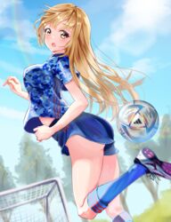  ao_ashi ass ball blonde_hair blue_shirt blue_shorts blue_sky blue_socks blurry blurry_background day female highres ichijou_hana kneehighs leg_up long_hair looking_back looking_down midriff motion_blur nanashi_(74_nanashi) outdoors print_shirt rainbow shirt shoes short_shorts short_sleeves shorts sky sneakers soccer soccer_ball soccer_field soccer_uniform socks solo sportswear stomach straight_hair very_long_hair white_footwear yellow_eyes 