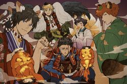  4boys :3 animal_ear_fluff animal_ears armor arms_behind_head arms_up bad_id bad_twitter_id bell black_hair blonde_hair blood blood_on_face blue_eyes brown_hair calico cat_boy cat_ears cat_tail eating facial_mark feathered_wings female fingernails floating folded_fan folding_fan food fox_ears fox_girl fox_tail furrowed_brow hand_fan haori hat highres holding holding_fan holding_food holding_lantern hosoi_maori ikoma_tatsuhito japanese_armor japanese_clothes jingle_bell karakasa_obake kariginu kimono lantern leaf leaf_on_head long_fingernails long_sleeves looking_at_viewer minamisawa_kai mizukami_satoshi_(world_trigger) mole mole_under_eye multiple_boys multiple_tails neck_bell oki_kouji paper_lantern paw_pose pom_pom_(clothes) raccoon_ears raccoon_tail rope rope_necklace sandals shimenawa short_hair sitting sleeves_past_fingers sleeves_past_wrists smile smoke striped tabi tail tengu tokin_hat tongue tongue_out torotakudon traditional_youkai umbrella vest wings world_trigger zouri 