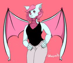  anthro bat biped black_clothing black_topwear bottomwear clothed clothing digital_media_(artwork) fangs femboy fully_clothed hair hands_on_hips mammal membrane_(anatomy) membranous_wings pants pink_background pink_bottomwear pink_clothing pink_eyes pink_hair pink_pants pink_theme portrait signature simple_background solo spread_wings standing teeth terry_bat three-quarter_portrait topwear unknown_artist white_body wings 