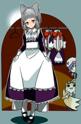  absurdres alternate_costume animal_ears apron blunt_bangs cat_ears cat_girl dressing_room enmaided facial_mark grey_hair highena highres long_skirt maid maid_apron maid_headdress nia_(xenoblade) nopon poppi_(xenoblade) poppi_alpha_(xenoblade) short_hair skirt tora_(xenoblade_2) xenoblade_chronicles_(series) xenoblade_chronicles_2 yellow_eyes 