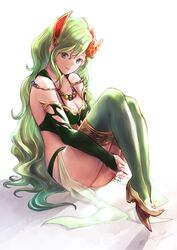  absurdres aged_up blue_eyes breasts cleavage closed_mouth detached_sleeves female final_fantasy final_fantasy_iv final_fantasy_iv:_the_after_years green_eyes green_hair hair_ornament highres komugiko_no_mori large_breasts long_hair looking_at_viewer rydia_(ff4) simple_background smile solo thighhighs white_background 