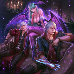  2boys animal_print aqua_hair aura bat_print blush breasts capcom chandelier claws cleavage company_connection couch crossed_legs crossover dante_(devil_may_cry) demon_girl devil_may_cry_(series) embarrassed female finger_to_mouth friendhaircut fur-trimmed_leotard fur_trim glowing green_hair head_wings highres jacket jewelry looking_at_another morrigan_aensland multiple_boys nero_(devil_may_cry) official_art pantyhose print_pantyhose ring short_hair sitting smile teppen vampire_(game) white_hair wings zipper 