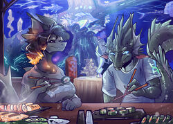  alv_cyktor big_breasts big_tail black_eyes black_hair blue_clothing blue_eyes blue_shirt blue_topwear breasts chopsticks clothing cybernetics cyborg detailed detailed_background dna dravak_sathune duo ear_fins fantomartz female fin fish food furniture glowing glowing_body glowing_piercing grey_body grey_scales grey_skin hair lizardman long_tail machine male marine orange_hair pepper_shaker plate reptile restaurant salt_shaker scales scalie science_fiction shark shirt smile snaggle_tooth space_station_13 steam steaming sushi table tablecloth tail tail_ridge teeth topwear unathi 