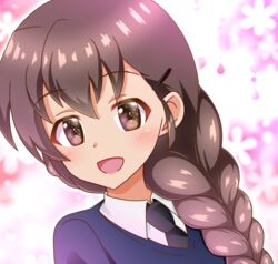  bad_id bad_pixiv_id blue_sweater braid braided_ponytail brown_eyes brown_hair commentary dress_shirt female girls_und_panzer hair_ornament hair_over_shoulder hairclip long_hair looking_at_viewer necktie open_mouth portrait rukuriri_(girls_und_panzer) school_uniform shirt single_braid smile solo st._gloriana&#039;s_school_uniform sweater tanutika v-neck white_shirt wing_collar 