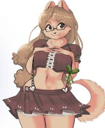  anthro bottomwear breasts canid canine canis clothed clothing domestic_dog eyewear female fur glasses hair hand_on_breast long_hair looking_at_viewer mammal nen nendoggo pomeranian simple_background skirt smile solo spitz topwear 