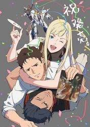  2boys black_hair blue_eyes book brown_eyes capelet cd collared_shirt confetti female gigi_andalusia green_eyes grey_background gun gundam gundam_hathaway&#039;s_flash hair_behind_ear hathaway_noa highres holding holding_book holding_gun holding_weapon hug hug_from_behind kenneth_sleg lipstick looking_at_viewer lying makeup mecha mishio mobile_suit multiple_boys on_person one_eye_closed parted_lips pink_lips protected_link robot science_fiction shirt smile v-fin weapon white_capelet white_shirt xi_gundam 