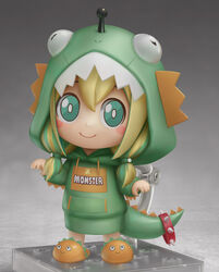  absurdres amano_pikamee animal_hair_ornament artist_name blonde_hair blush_stickers bright_pupils chibi claw_pose commentary dinosaur_costume dinosaur_hood dinosaur_tail english_commentary faux_figurine female figure_stand full_body green_eyes green_hair green_hoodie grey_background hands_up highres hood hoodie looking_at_viewer low_twintails multicolored_hair nendoroid official_alternate_costume shiori2525 simple_background slippers smile solo streaked_hair tail twintails two-tone_hair virtual_youtuber voms white_pupils 