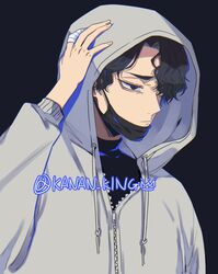  1boy bad_id bad_twitter_id bandages black_background black_eyes black_hair haikyuu!! hair_over_one_eye hood hoodie jacket kakan_king long_sleeves looking_away male_focus mask mask_pull mouth_mask sakusa_kiyoomi short_hair simple_background solo twitter_username upper_body 