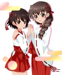  2girls bad_id bad_pixiv_id blush braid braided_ponytail brown_eyes brown_hair closed_mouth commentary detached_sleeves egasumi from_side girls_und_panzer hair_ornament hair_over_shoulder hair_ribbon hakama hakama_skirt highres holding_hands interlocked_fingers isobe_noriko japanese_clothes kimono long_hair long_sleeves looking_at_viewer miniskirt multiple_girls nontraditional_miko open_mouth red_hakama red_ribbon red_skirt ribbon ribbon-trimmed_sleeves ribbon_trim rukuriri_(girls_und_panzer) short_hair single_braid skirt sleeveless sleeveless_kimono smile standing tanutika white_background white_kimono white_sleeves wide_sleeves yuri 