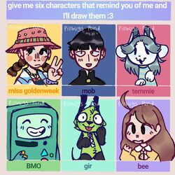  1:1 adventure_time anthro bee_(bee_and_puppycat) bee_and_puppycat bmo cartoon_hangover cartoon_network female gir_(invader_zim) group hair human invader_zim male mammal mob_psycho_100 nickelodeon one_(manga) one_piece shigeo_kageyama tem temmie_(undertale) undertale undertale_(series) white_body 