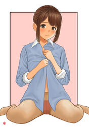  adjusting_shirt blue_shirt blush brown_eyes brown_pantyhose douki-chan_(douki-chan) female ganbare_douki-chan highres looking_at_viewer medium_hair nao_suke office_lady panties pantyhose pink_background pink_panties shirt sidelocks simple_background sitting solo underwear wariza watermark 